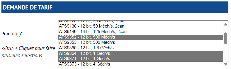 Demande de tarifs pour plusieurs produits